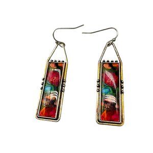 Earrings Dangle Hook Colorful Abstract Rectangle Bohemian Silver Tone